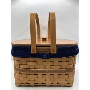 Longaberger 2003 Hostess Two Pie Basket, Wood Riser & Blue Fabric Liner  12x12x8